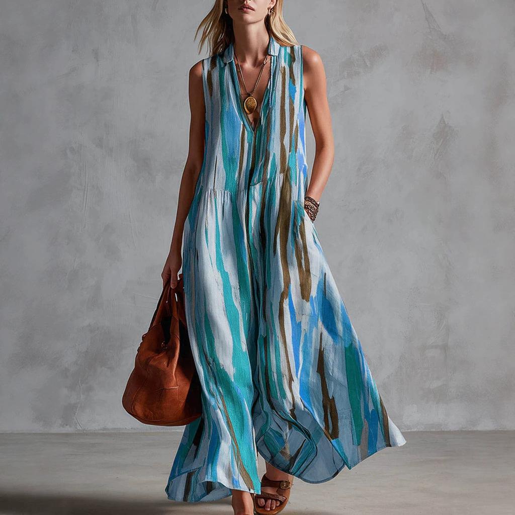 Women's Fashion Color Striped Sleeveless Deep V-Neck Off-Shoulder Dress
