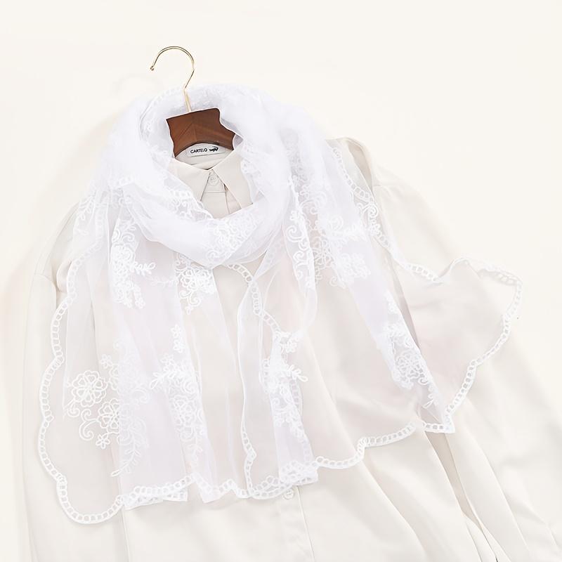 1Pc Women S Solid Color Embroidered Floral Lace Scarf For Spring, Summer, Autumn - Elegant Silk Scarf Fashionable Headscarf Sun Protection Decorative белый