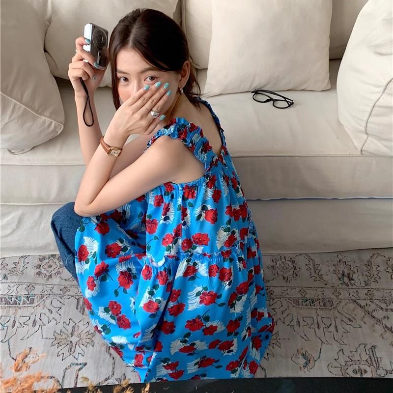 Dress short dress dopamine blue floral suspender dress women summer seaside vacation beach dress small woman S