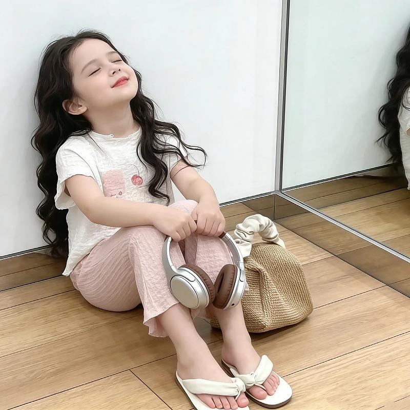 2025 Summer Girls' Bunny & Cat Print Bell Bottom Two-Piece Set