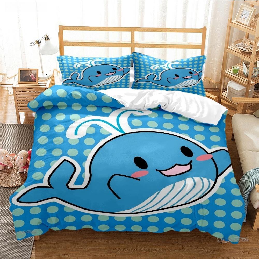 Cartoon Ocean Whale Dolphin Duvet Cover Kids Cute Kawaii Bedding Sets Soft Quilt Cover and Pillowcases Single_Double_Queen_King
