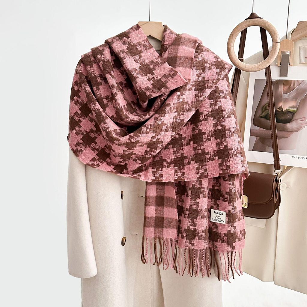 Women's Winter Plaid Imitation Cashmere Tassel Scarf, Thickened Korean Style Neck Warmer