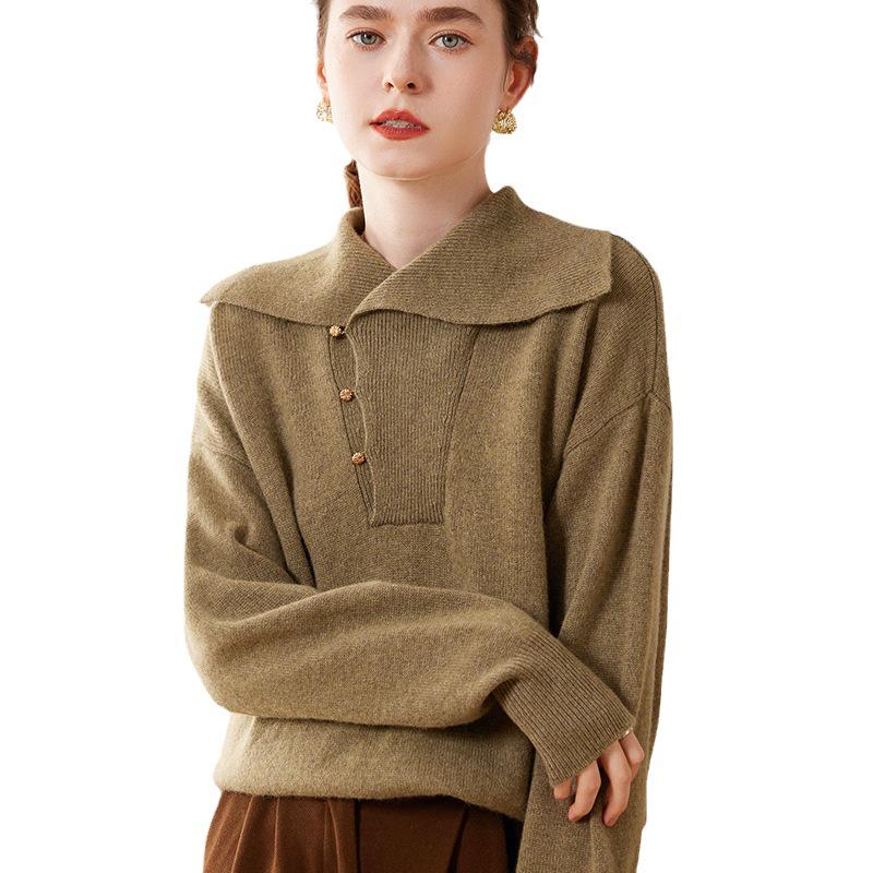 Women's Solid Color Cashmere Lapel Knit Sweater - Long Sleeve, Loose Fit, Warm Pullover for Autumn & Winter