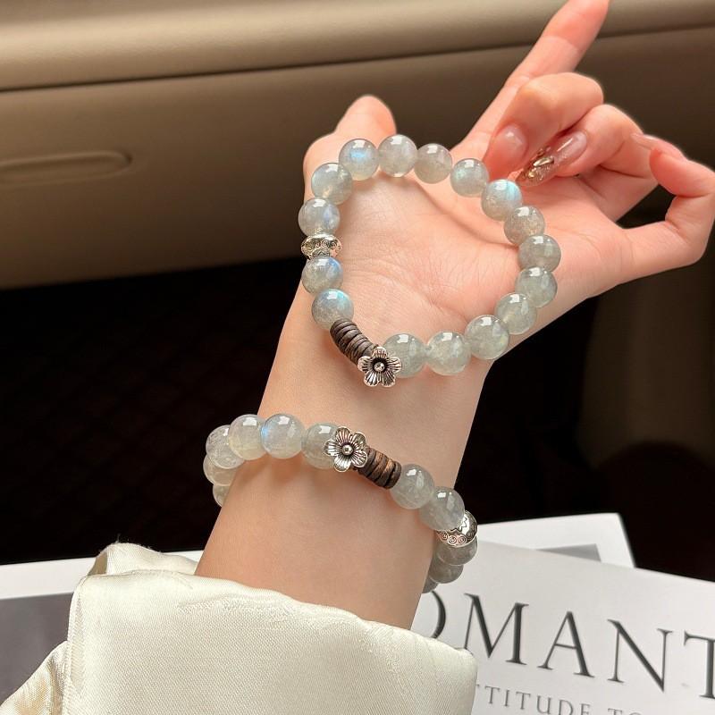 Handmade Gray Moonstone Crystal Bracelet With Agarwood Bead New Chinese Style Zen Womens Single Circle