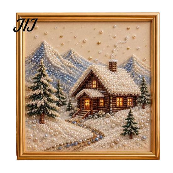 Christmas Wall Decoration DIY Faux Pearl Art Kit, Winter Scene Painting Family Holiday Craft Activities 3D Sparkling Animal Kit for Adults, Decor Bead