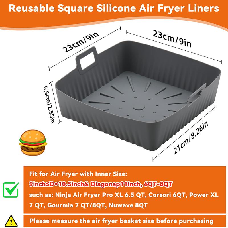 9Inch Large Silicone Air Fryer Basket Liners for Cosori/Ninja 6-8QT Pot 23cm Square Reusable Oil-Free Non-stick Oven Baking Tray