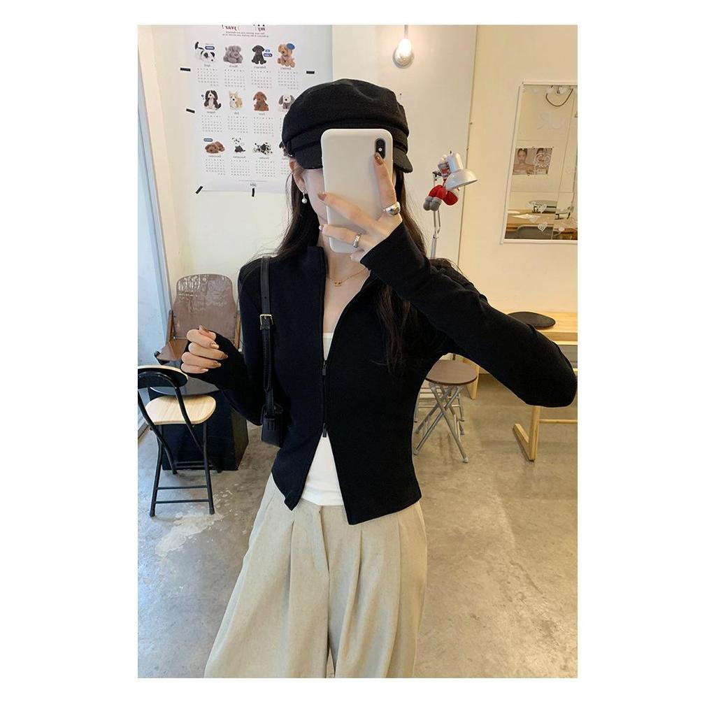 Women's Korean Style Stand Collar Double Zipper Slim Fit Long Sleeve T-shirt - New Chic Autumn 2025 Design