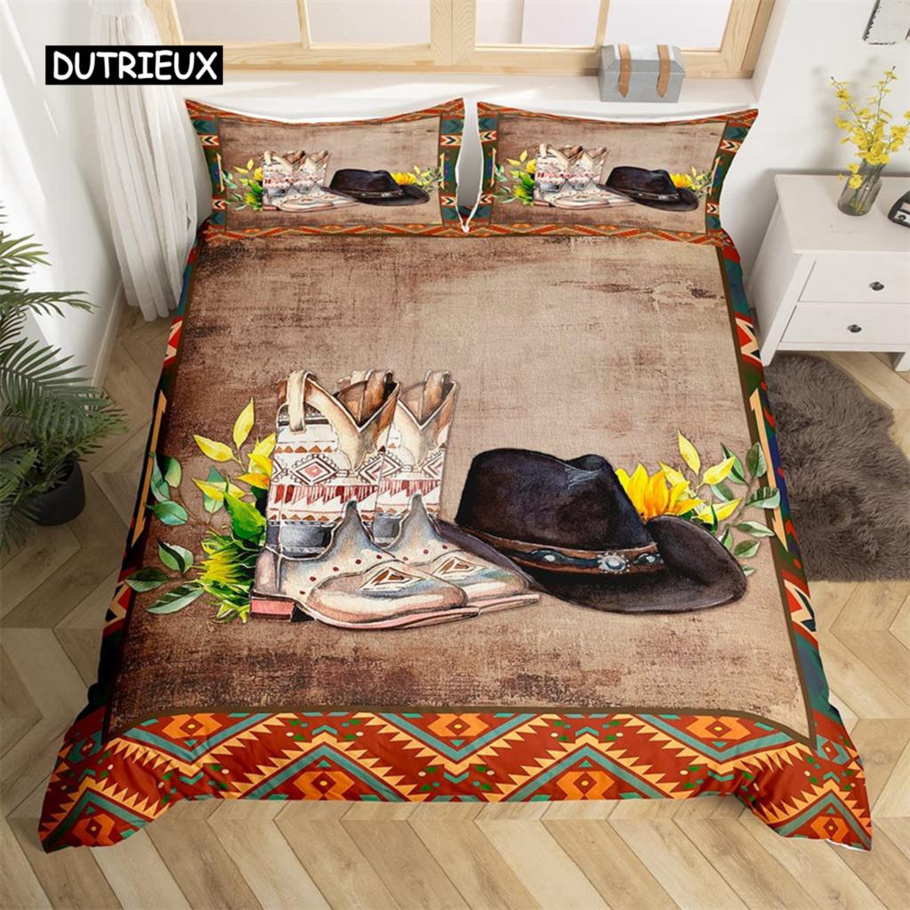 Exotic Farmhouse Western Cowboy Duvet Cover Set Twin King  Floral Bedding Set Cowhide Patchwork Comforter Cover Bedroom Decor