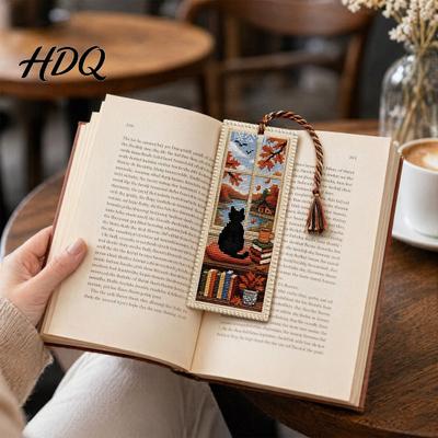 Kwastjes Boekenlegger Seizoensgebonden Kat Kruissteek Boekenlegger Vier Seizoenen Zwart met Decor Vlechtwerk Touw Handgemaakte Boekenpagina Markering voor Liefhebbers Raam Gezicht