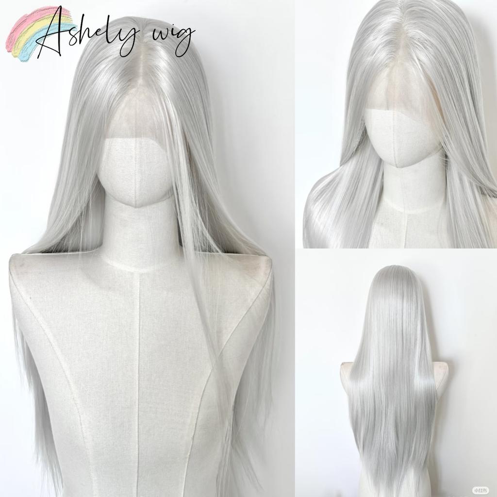 Silberfarbene Spitze Front Perücke 13x4 Lang Gerade Weiße Spitze Front Perücke Hochtemperaturfasern Synthetische Spitze Front Frontal Cosplay Perücken