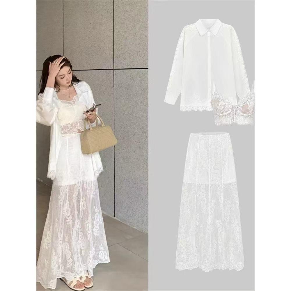 

Women s Lace Patchwork Long Sleeve Shirt with Polo Collar - Spring/Summer 2026 Vacation Style S