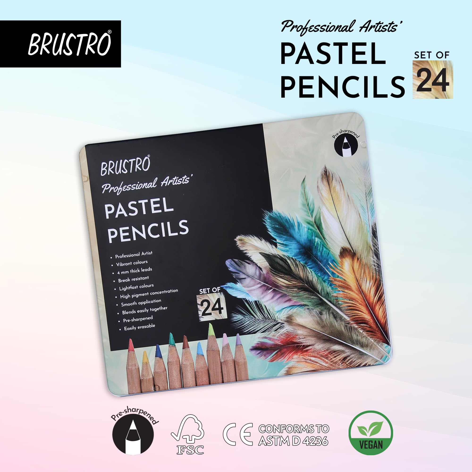 Brustro Artists Pastel Colored Pencils - Set Of 24 Shades - 4Mm Lead | Break Resistant, Erasable, High Pigmented, Vibran 0 разноцветный