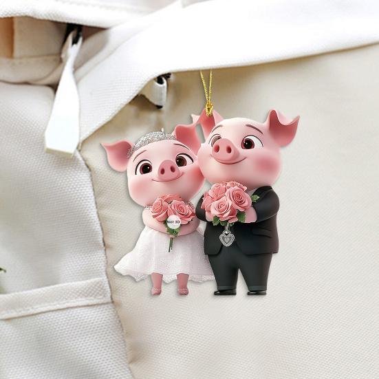Pig Car Hanging Ornament 2D Acrylic Valentine’s Day Decoration Cute Love Theme Pendant for Rearview Mirror Wedding Party Decor
