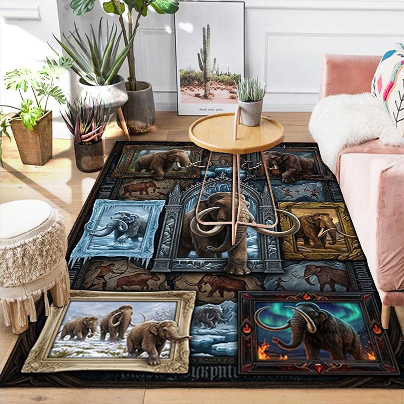 Prehistoric Mammoth Collage Pattern Rug Floor Mat for Living Room or Bedroom Soft and Comfortable Carpet a Gift for Birthday and Holiday.