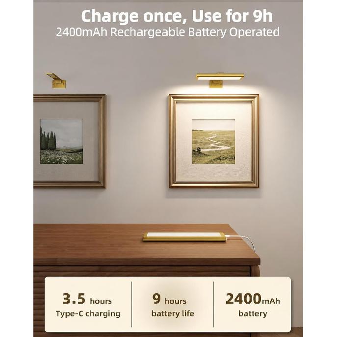 EZVALO Picture Light for Wall, Rechargeable 2400mAh Gold Lights Wireless with IR Remote, 3 Color & Dimmable Magnetic 7.87'' LED Lights Display for