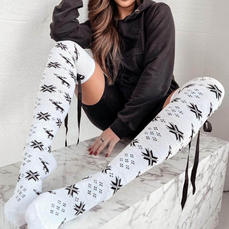 Women Christmas Snowflake Knitted Thigh High Stockings with Ribbon Bows Festival Over Knee Long Boot Socks Leg Warmers