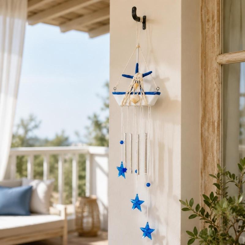 Coastal Wind Chimes with Blue and White Sailboats, Carving and Painted Detail, and Metal Tube, Star Pendants for Entryway Decors