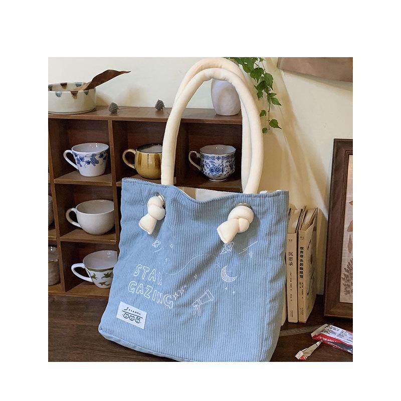 Autumn and Winter Women's Bag Korean New Corduroy Embroidered Letter Shoulder Bag Female College Student Class Tote Bag