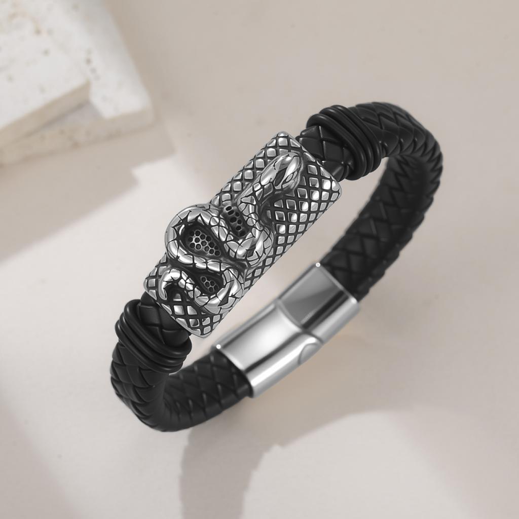 Dreamtimes Retro Stainless Steel Lion Head Steel Woven Leather Rope Bracelet for Women Men Hip-Hop Trendy Jewelry