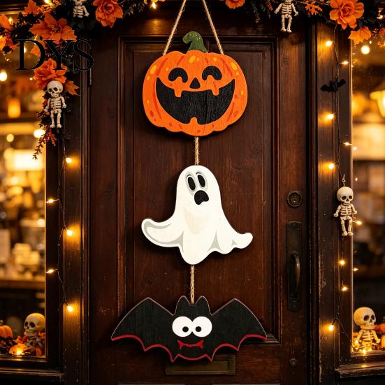 Indoor Party Atmosphere Sign Halloween Wooden Hanging Ornament, Jack-o'-Lantern Ghost Bat 3-Tier String Door Hanger, Cute Easy Install Hemp Rope Wood