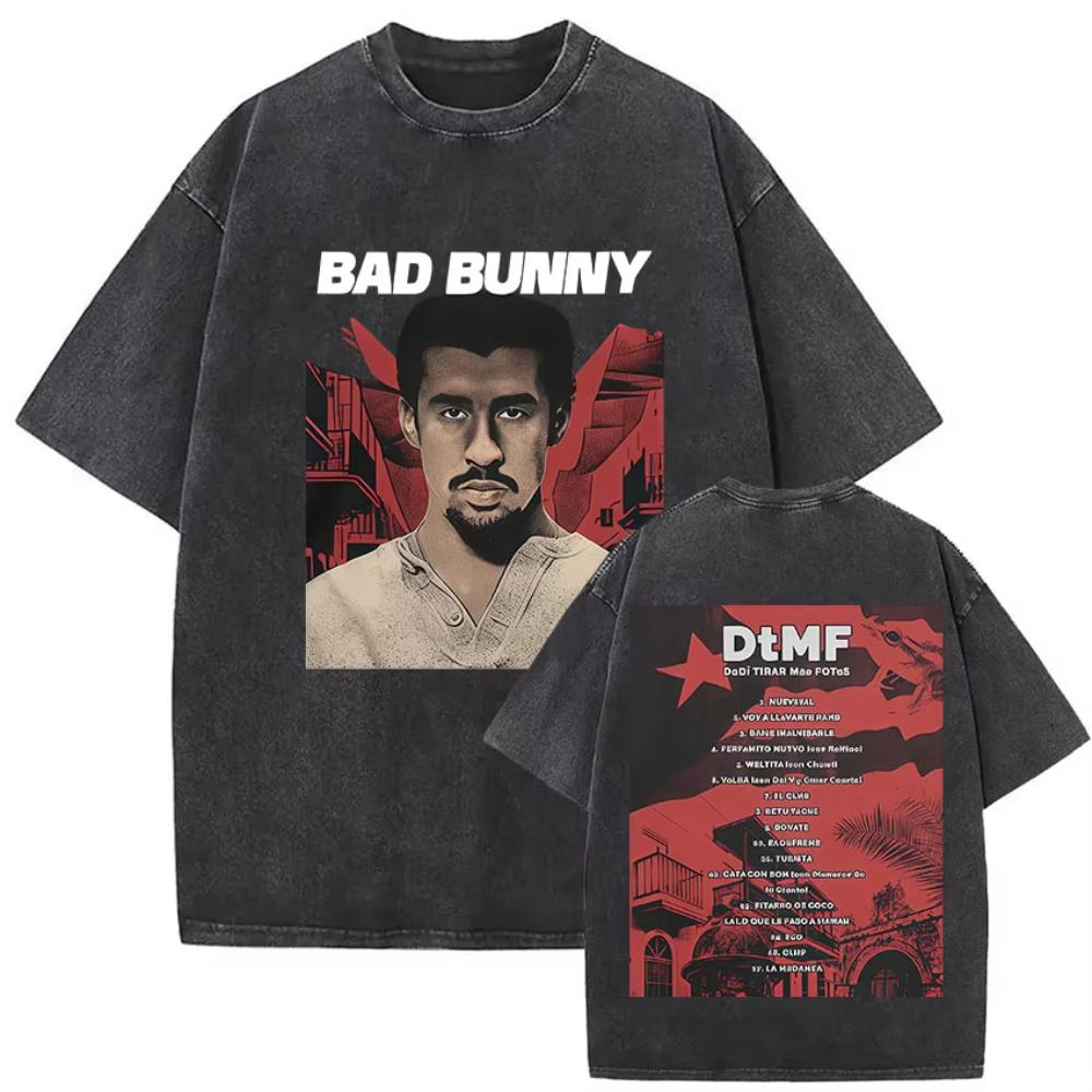 s Vintage Washed Bad Bunny Album T Shirt Mens Gothic Hip Hop Short Sleeve Tshirts Pop Fashion Casual Tshirt Streetwear