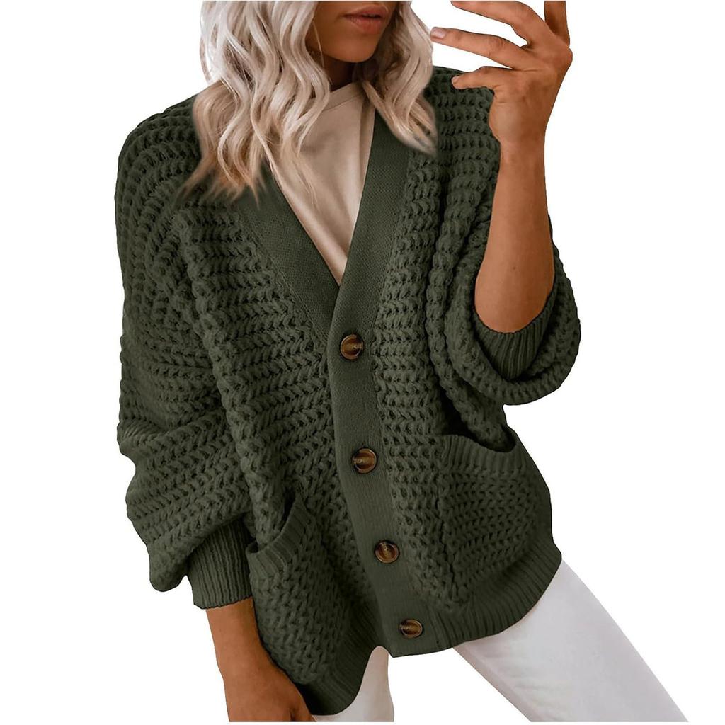 Women's Fashion Casual Solid Color Front Open Long Sleeve Thick Knit Cardigan Sweater Coat