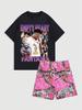 Men's Round Neck Casual Summer T-shirt with Cartoon Characters and Letter Patterns, Short Sleeves and Drawstring Shorts