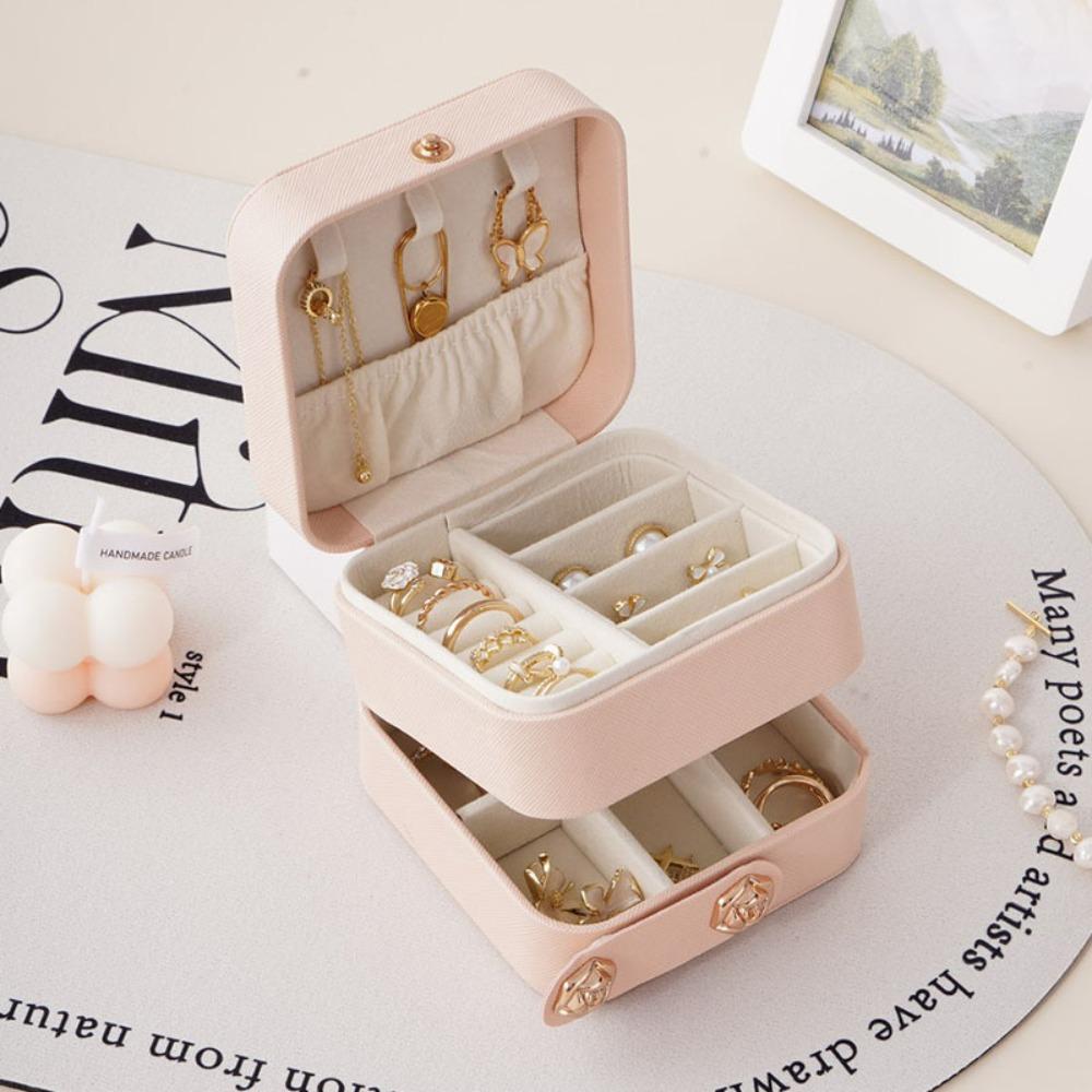 PU Leather Earring Storage Case Double Layer Jewelry Display Box Simple Ring Holder  Travel