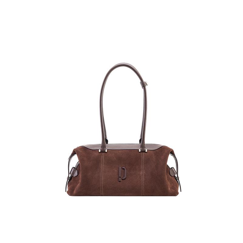 

Niche Leather Clown Bowling Bag - Vegetable Tanned, Versatile Oil Wax Handbag with Long Handle, Underarm or Baguette Boston Style. 33x12x16 cm