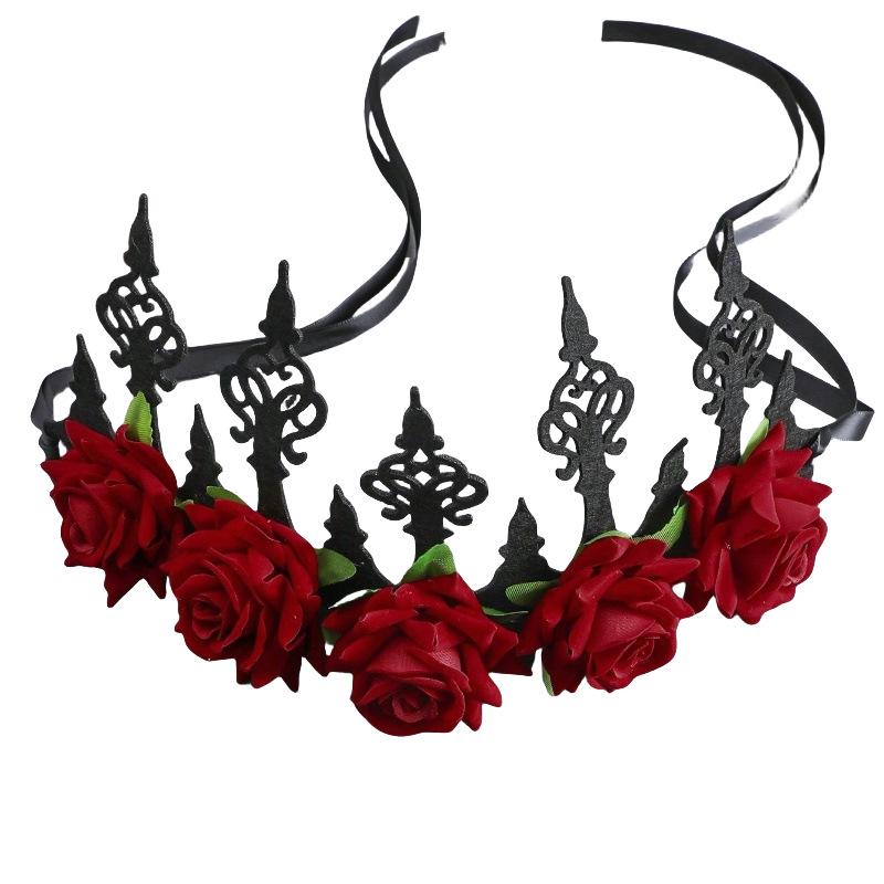 Bohemian Gothic Zombie Bride Headpiece - Black Rose Halloween Costume Accessory