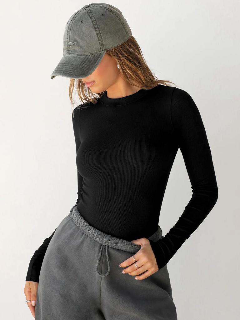 2025 Y2K Ribbed Crew Neck Women's Slim Fit Long Sleeve T-Shirt - Solid Color