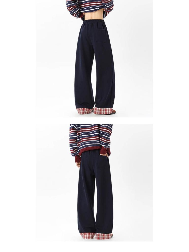Plaid Patchwork Grey Unisex Sweatpants, Heavyweight, Loose Straight Leg, Sporty Casual Wear for Spring and Autumn.