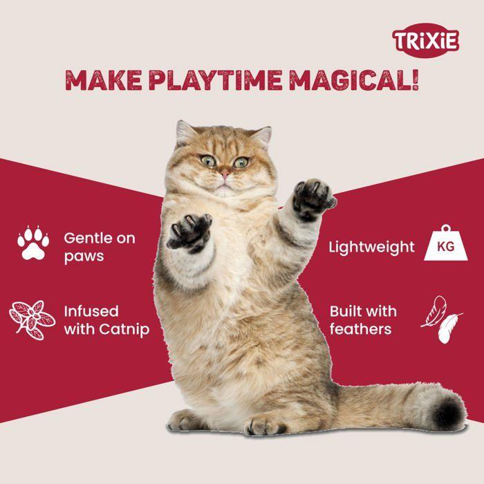 Canne à jouer pour chat - TRIXIE - Souris en peluche - Herbe à chat - Bâton flexible - 46 cm - Gris - Jouet interactif