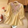 Women's V Neck Three Quarter Sleeve Loose Fit Cotton Linen Blouse Vintage Embroidered Pullover Top