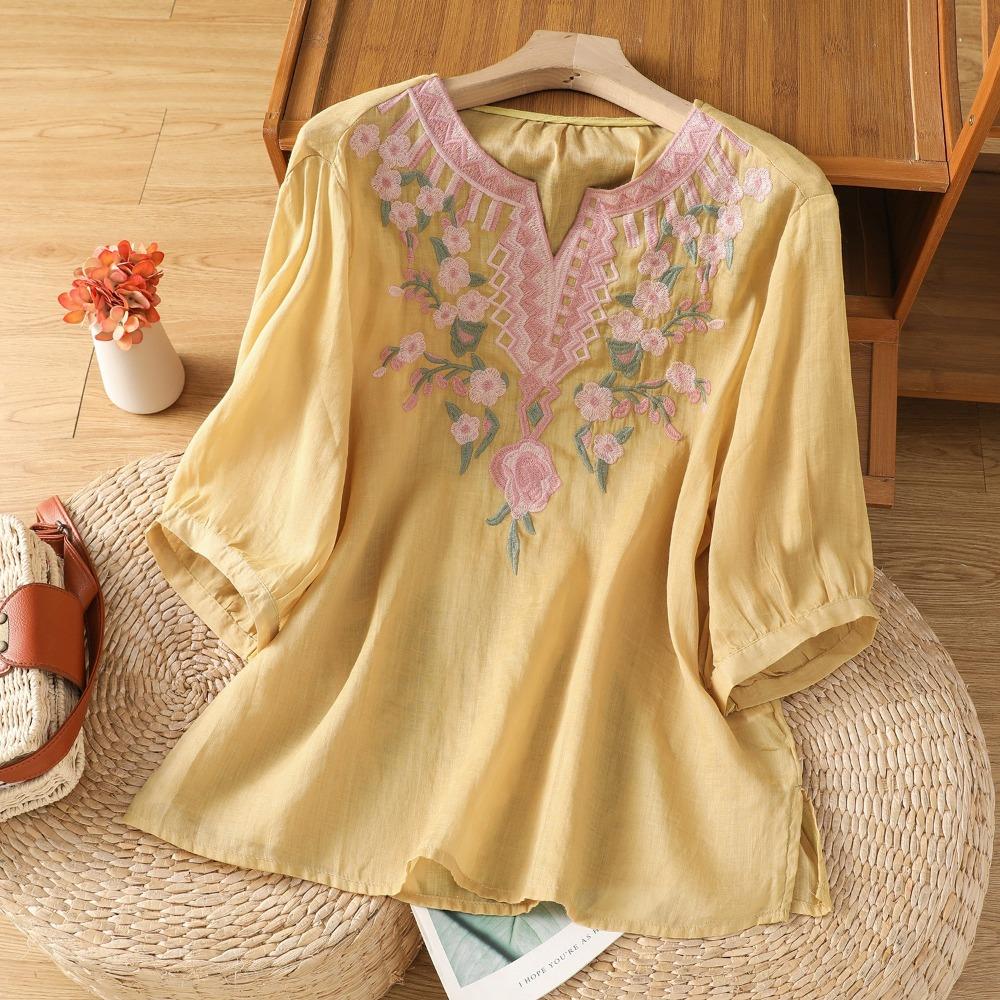 Women's V Neck Three Quarter Sleeve Loose Fit Cotton Linen Blouse Vintage Embroidered Pullover Top