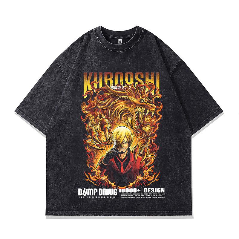 Street Retro Trendy Men'S Clothing Japanese Animation Printing Heavy Cotton Loose Short-Sleeved T-Shirt Men And Women