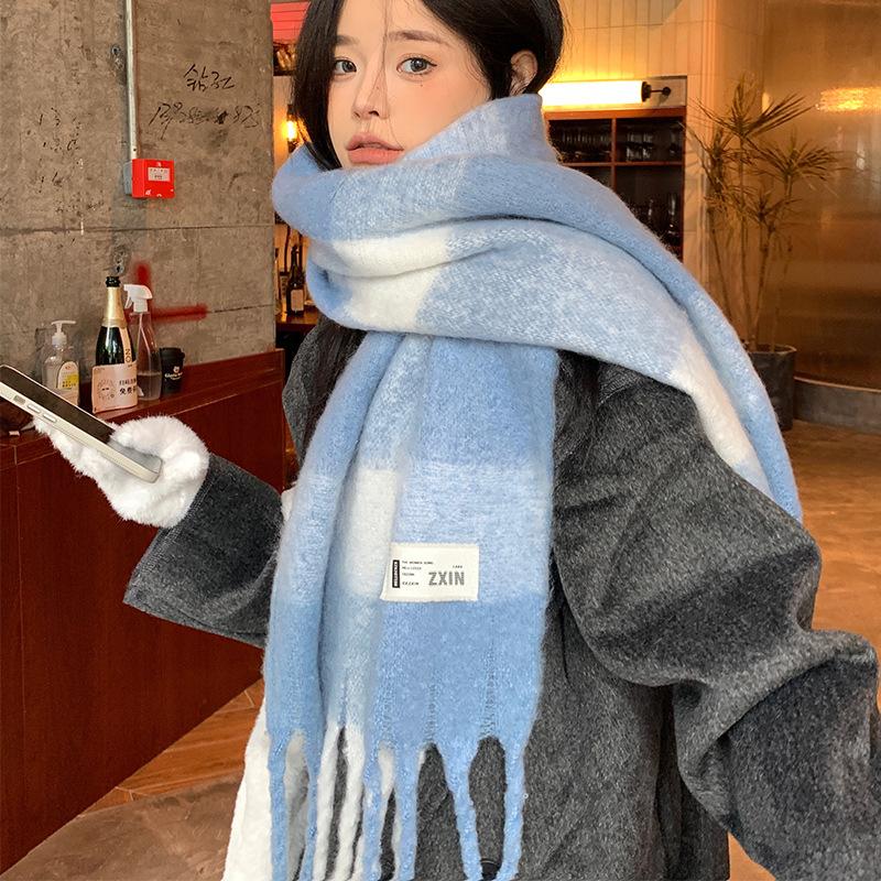 Blue and White Plaid Scarf Women's New Winter Thickened Imitation Cashmere Warm Scarf High-end Knitting