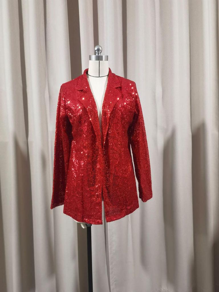 Women's Sequin Lapel Cardigan Blazer - Solid Color, Long Sleeve, Casual