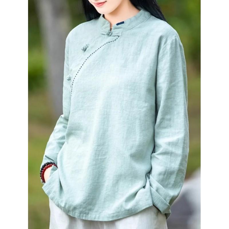 Damen Frühlings-/Herbst-Vintage-T-Shirt mit Stehkragen und langen Ärmeln, einfarbig, mit Knöpfen, chinesischer Stil