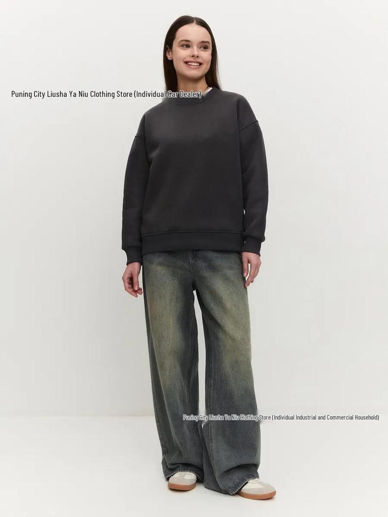 Autumn/Winter Oversized Round Neck Pullover: American Casual Style, Versatile, Comfortable, Solid Color