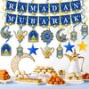 34Pcs Ramadan Decorations Pre-Assembled Mubarak Eid Kareem Muslim Banner Hanging Swirls Garland Decor Party Supplies Ramadan Decorations for Home