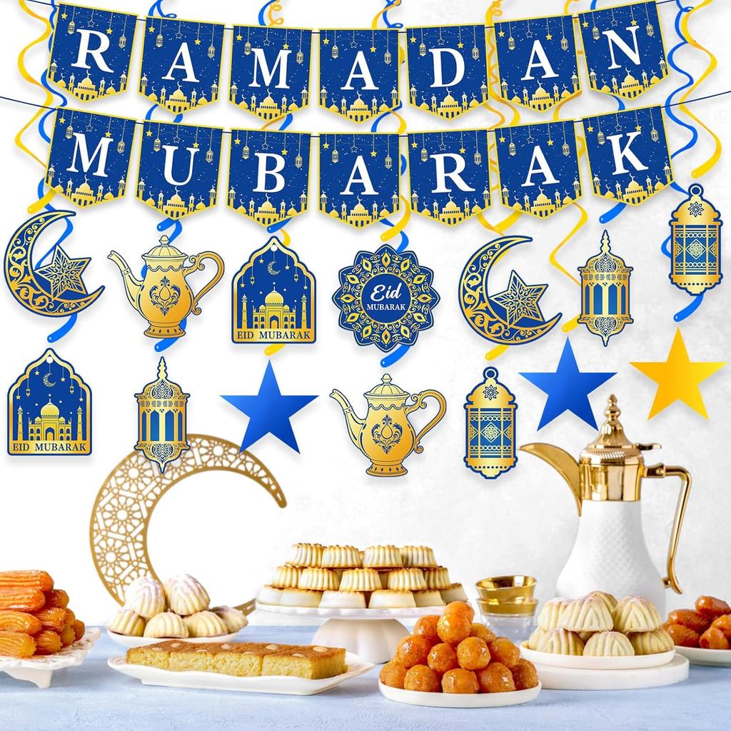 34Pcs Ramadan Decorations Pre-Assembled Mubarak Eid Kareem Muslim Banner Hanging Swirls Garland Decor Party Supplies Ramadan Decorations for Home