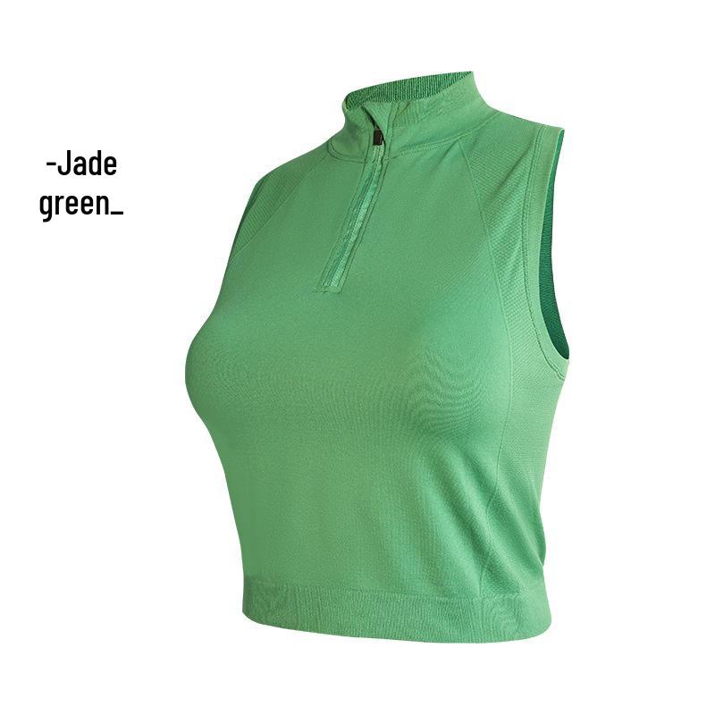 

Женский спортивный топ без рукавов с высоким воротом на молнии до середины, бесшовный, влагоотводящий L изумрудный/зелёный
