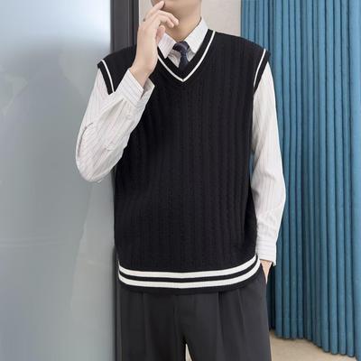 Unisex Retro Japoński Sweter Kamizelka z Dekoltem V Color Block - Luźny i Wszechstronny Bezrękawnik