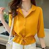 Spring Summer Women's Versatile Solid Color Turn-down Collar Half Sleeve Chiffon Shirts Casual Shirring Single-breasted Blouses