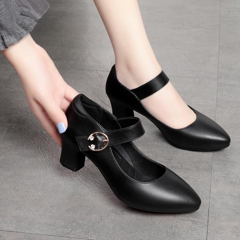 Shoes spring and autumn 2 new soft-soled thick heel one-word buckle high-heeled single shoes women's medium heel round head women's leather shoes