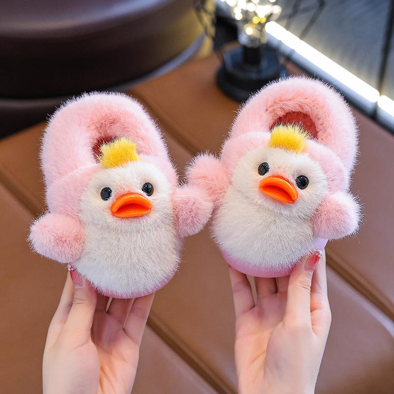 Children's Winter Cartoon Duck Slippers - Warm Velvet, Thick Sole, Indoor Cotton Shoes with Heel