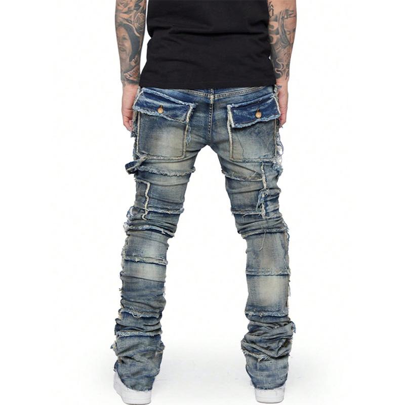 New Retro Cargo Jeans Men Stretchy Ripped Washed Y2k Pants Straight Leg Male's Patched Denim Trousers 2025 Spring Autumn