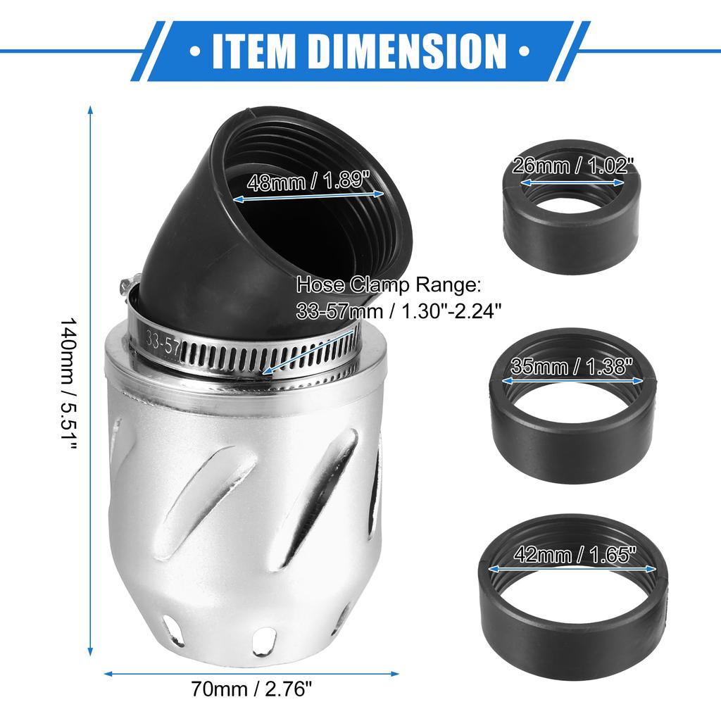 VekAuto Motorcycle Air Filter 26/35/42/48mm ID 140x700mm Motorcycle ATV Durable Aluminum Alloy Silver Tone