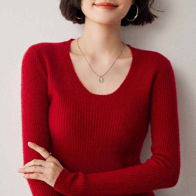 Women's U-neck Slim Fit Cashmere Sweater - Ribbed, Solid Color, Elegant & Versatile Wool Base Layer.